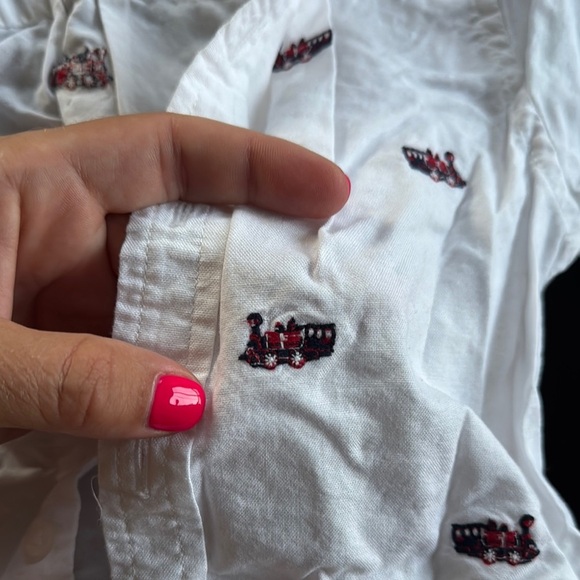 Janie and Jack Red and White Button Down Shirt with trains holiday - Picture 4 of 4